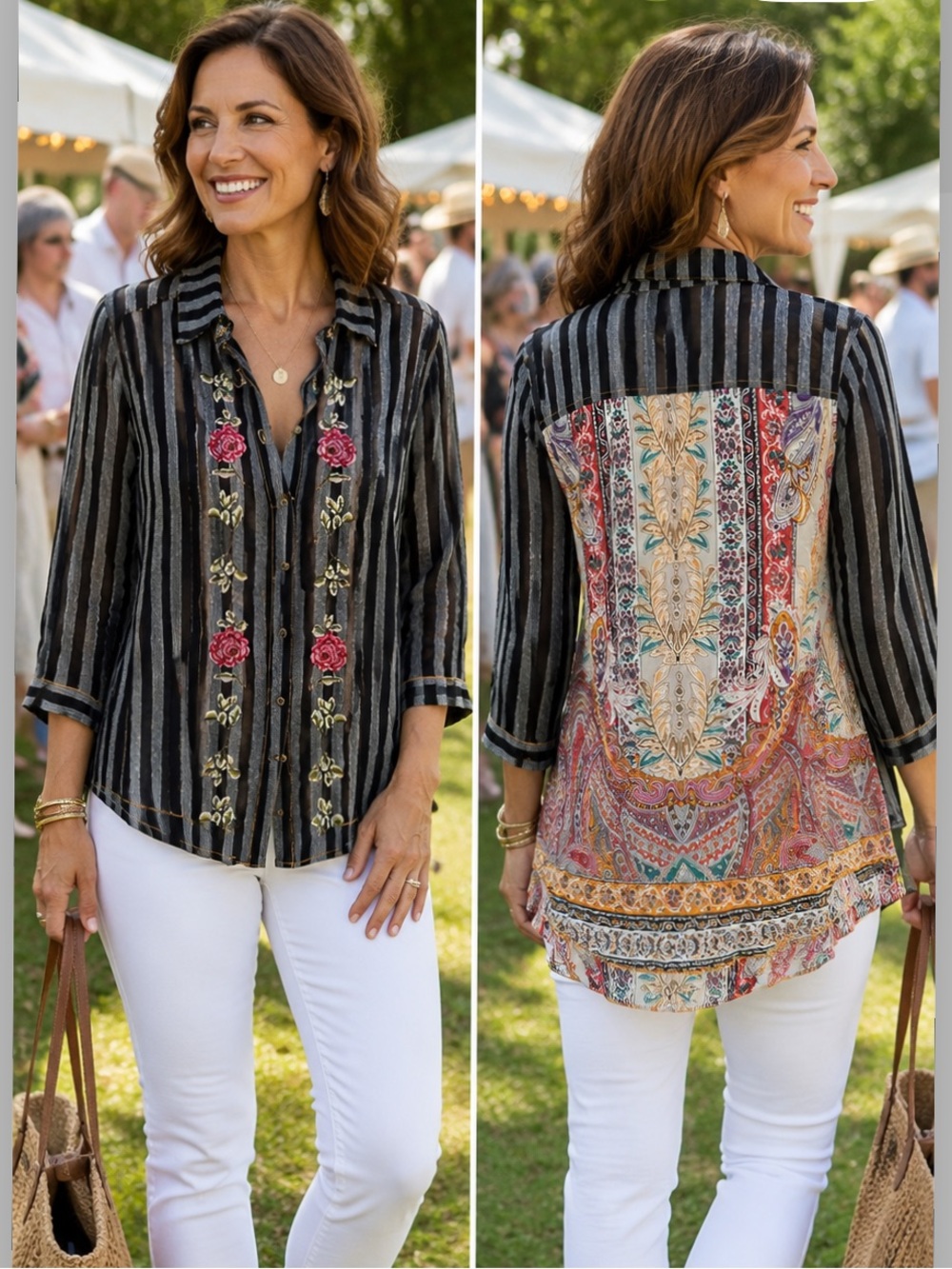 Striped Black & Gray Embroidered Floral Button-Up Shirt